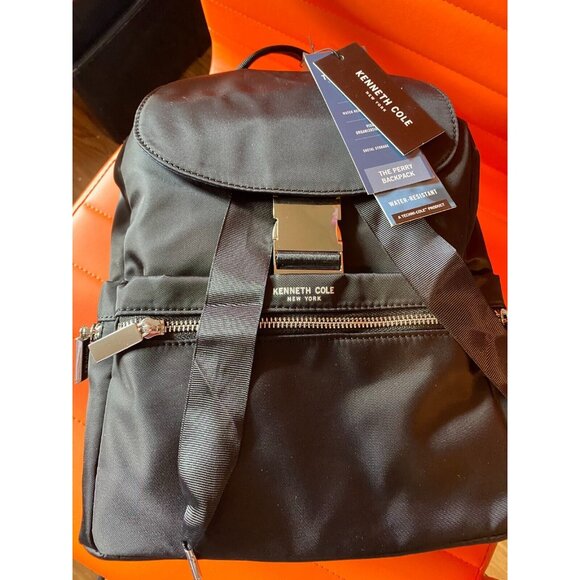 Kenneth Cole NY Hanover Backpack Black Shiny Nylon Double-Zip-around Silver NWT - Picture 1 of 8